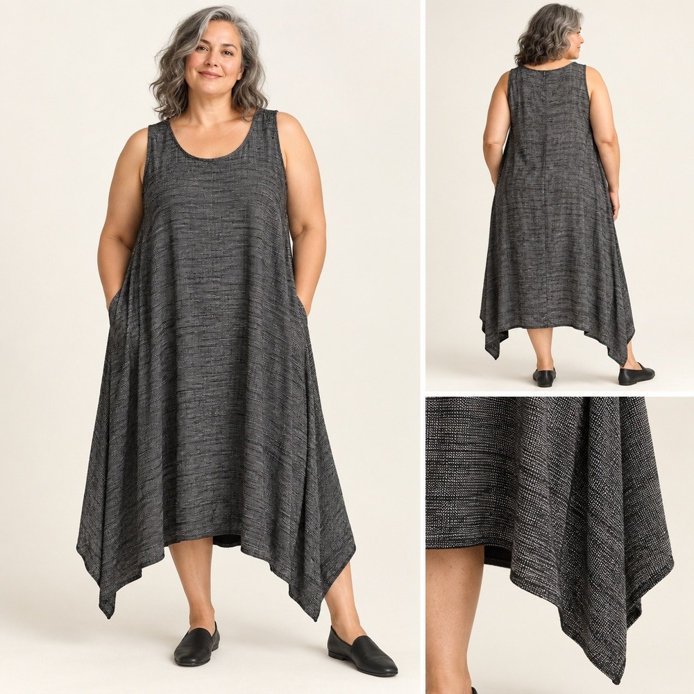 Eileen Fisher 1X Black White Italian Tweed Linen Cotton Handkerchief Tank Dress